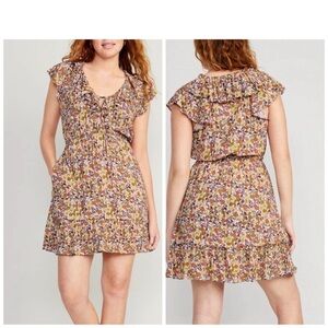 Old Navy Waist-Defined Flutter-Short Sleeve 
Pullover Floral Ruffle Sleeve Dress